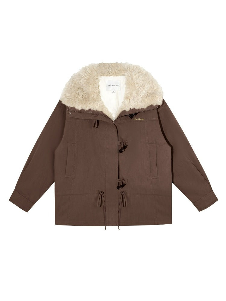 Faux Fur Collar Drawstring Loose Down Parka