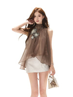 Browm Beaded Satin Halter Top