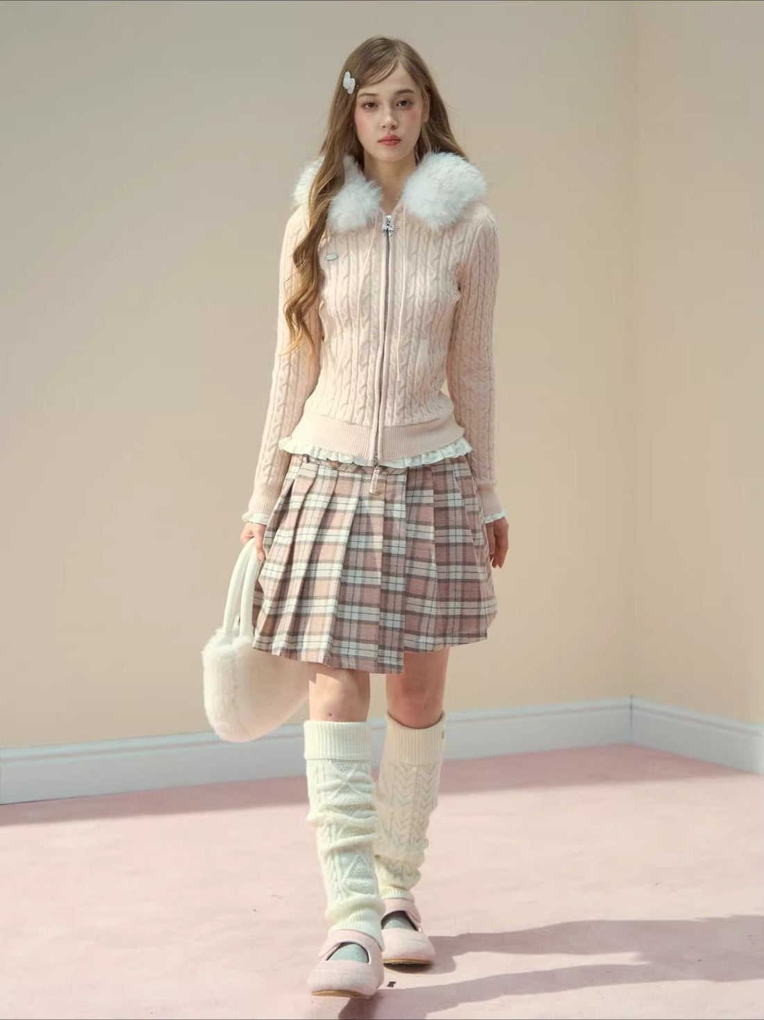 Detachable Fur Collar Blush Zip-up Knit Cardigan