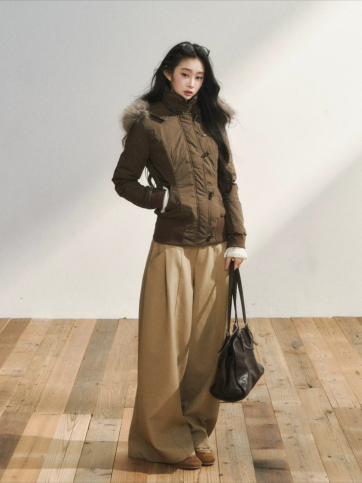 Brown Faux Fur Hooded Toggle Coat