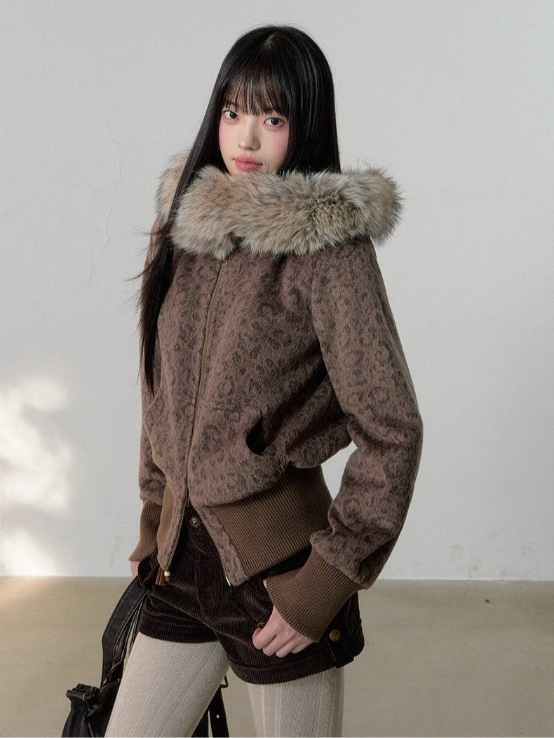 Korean Retro Leopard Wool Hooded Jacket