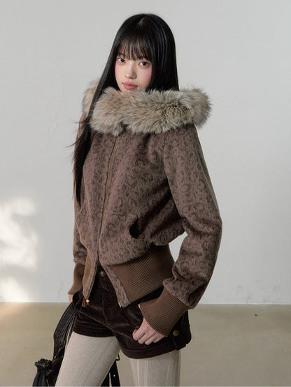 Korean Retro Leopard Wool Hooded Jacket