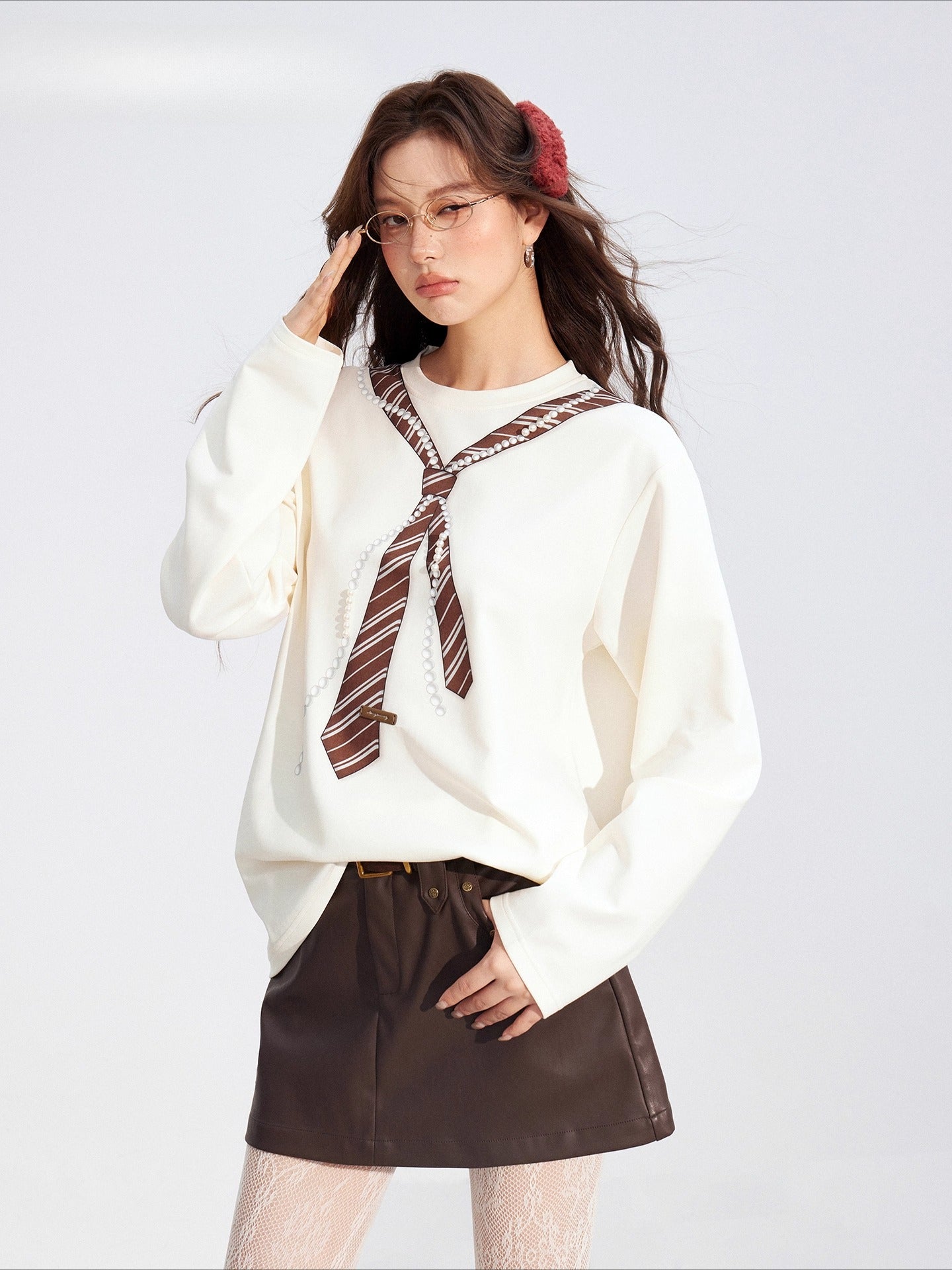 Pearl-Tie Printed Loose Long-Sleeve T-Shirt