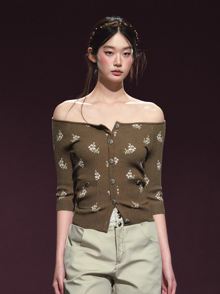 Floral Pattern Off-shoulder Mosaic Knit Cardigan