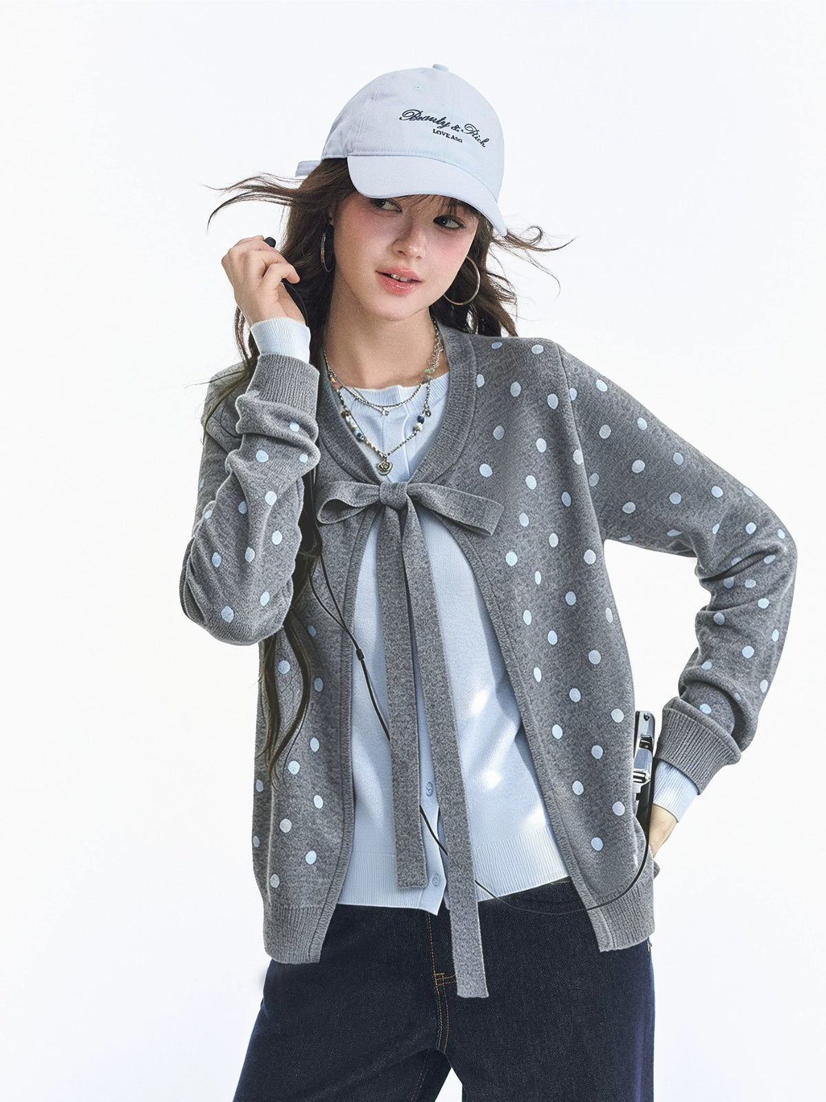Polka Dot Bow Tie Knit Cardigan