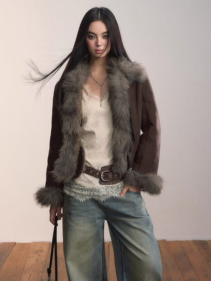 Bow Knot Tie Faux Leather Fur Combo Jacket