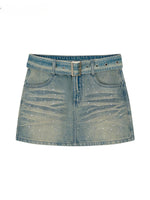 Belted Rhinestone Denim Skirt