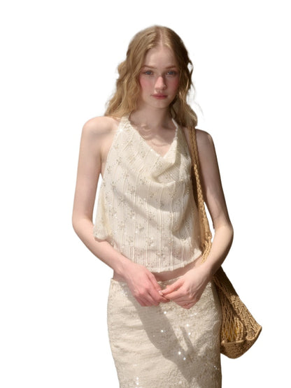 Embroidered Sequin Knit Top &amp; Skirt Set
