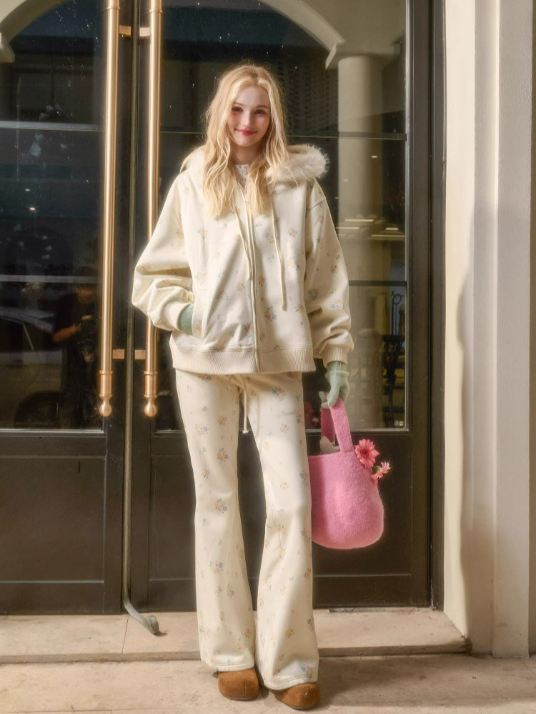 Floral Fur-Trim Hooded Cardigan &amp; Pants Set