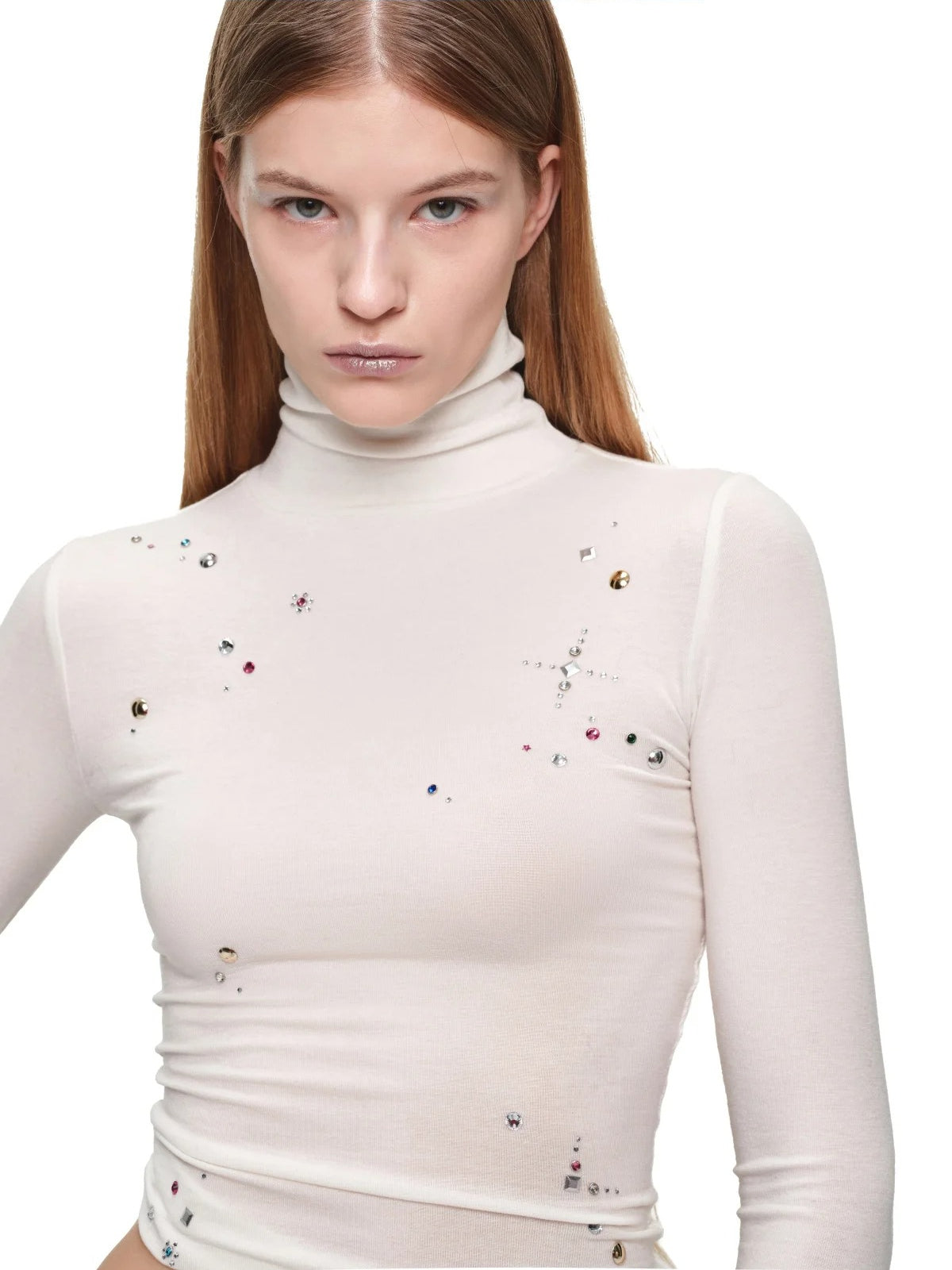 Rhinestone Lyocell Wool Turtleneck Top