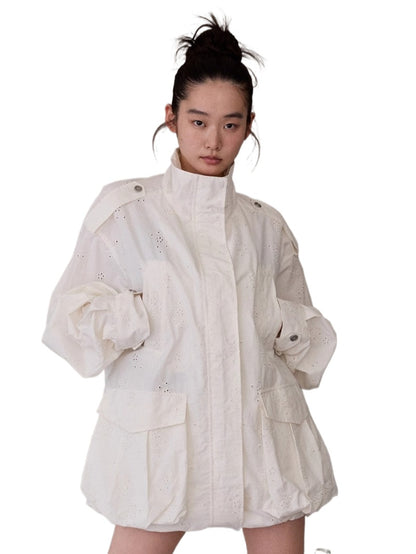 Heavy Embroidery Jacquard Multi-pocket Stand Collar Utility Jacket