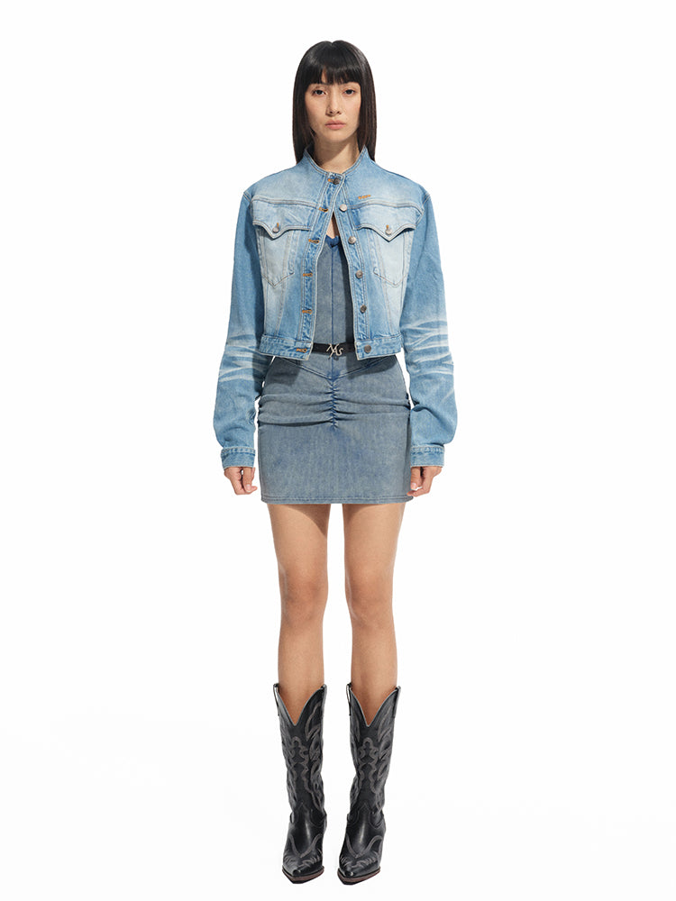 Twill Denim Cat-Whisker Stand-Collar Short Jacket