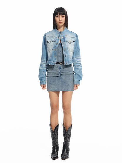 Twill Denim Cat-Whisker Stand-Collar Short Jacket