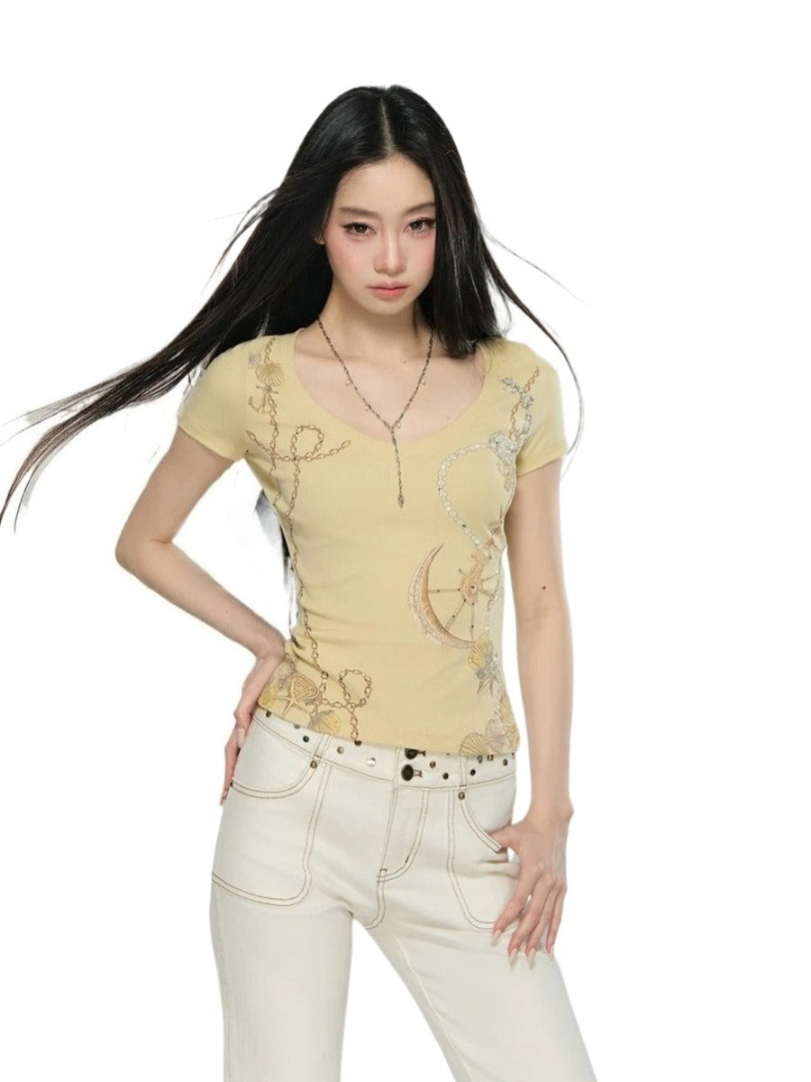 Rhinestone Print V-Neck Tee