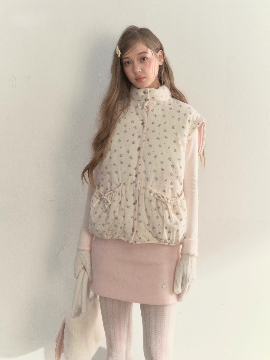 Pink Corduroy Floral Double-Sided Cotton Puffer Vest