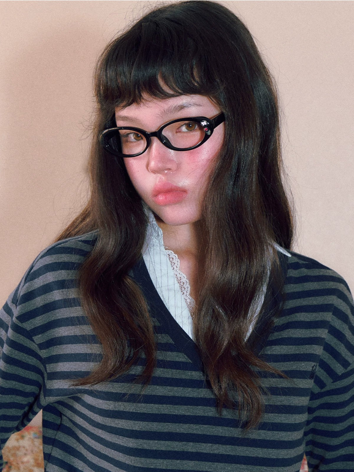 Lace V-Neck Striped Shirt