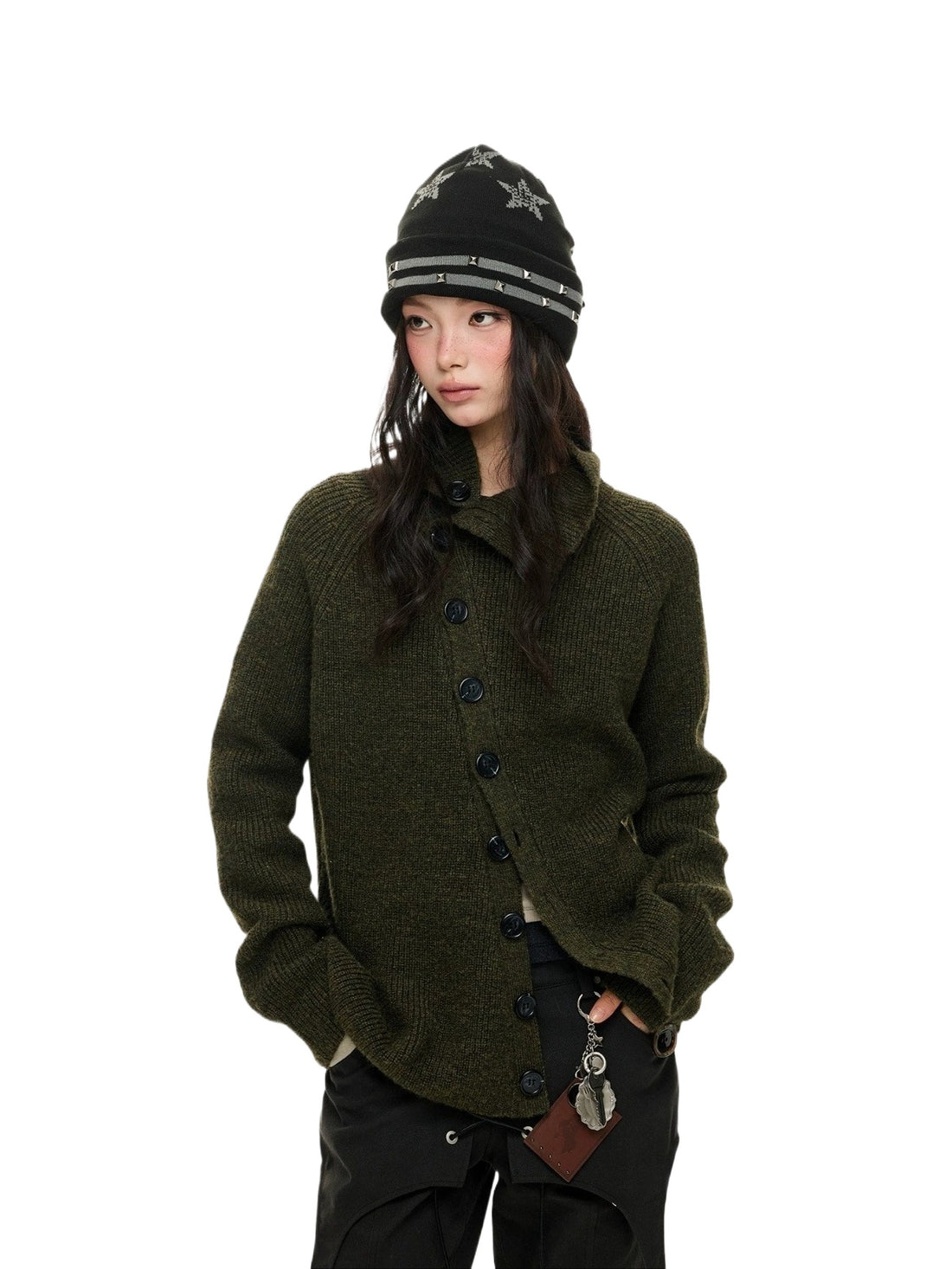 Vintage Stand Collar Knit Cardigan