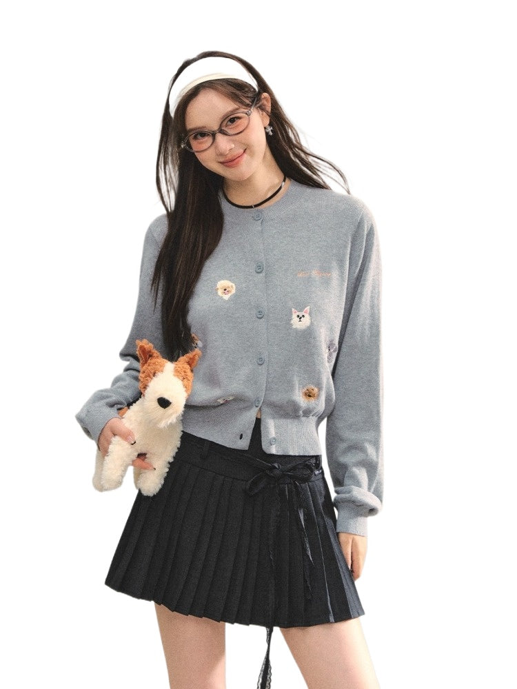 Gray & Apricot Puppy-Embroidered Knit Cardigan