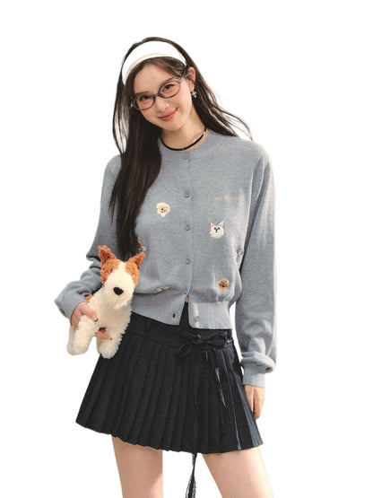 Gray &amp; Apricot Puppy-Embroidered Knit Cardigan