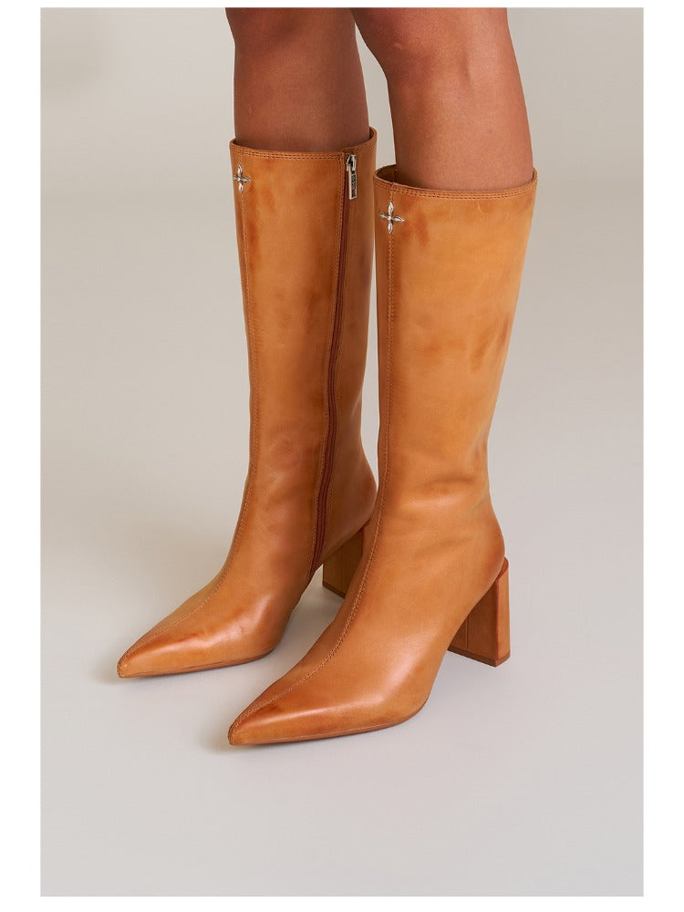 Compass Badge Sword Leather High Heel Boots Patina Wild Horse Brown Patina