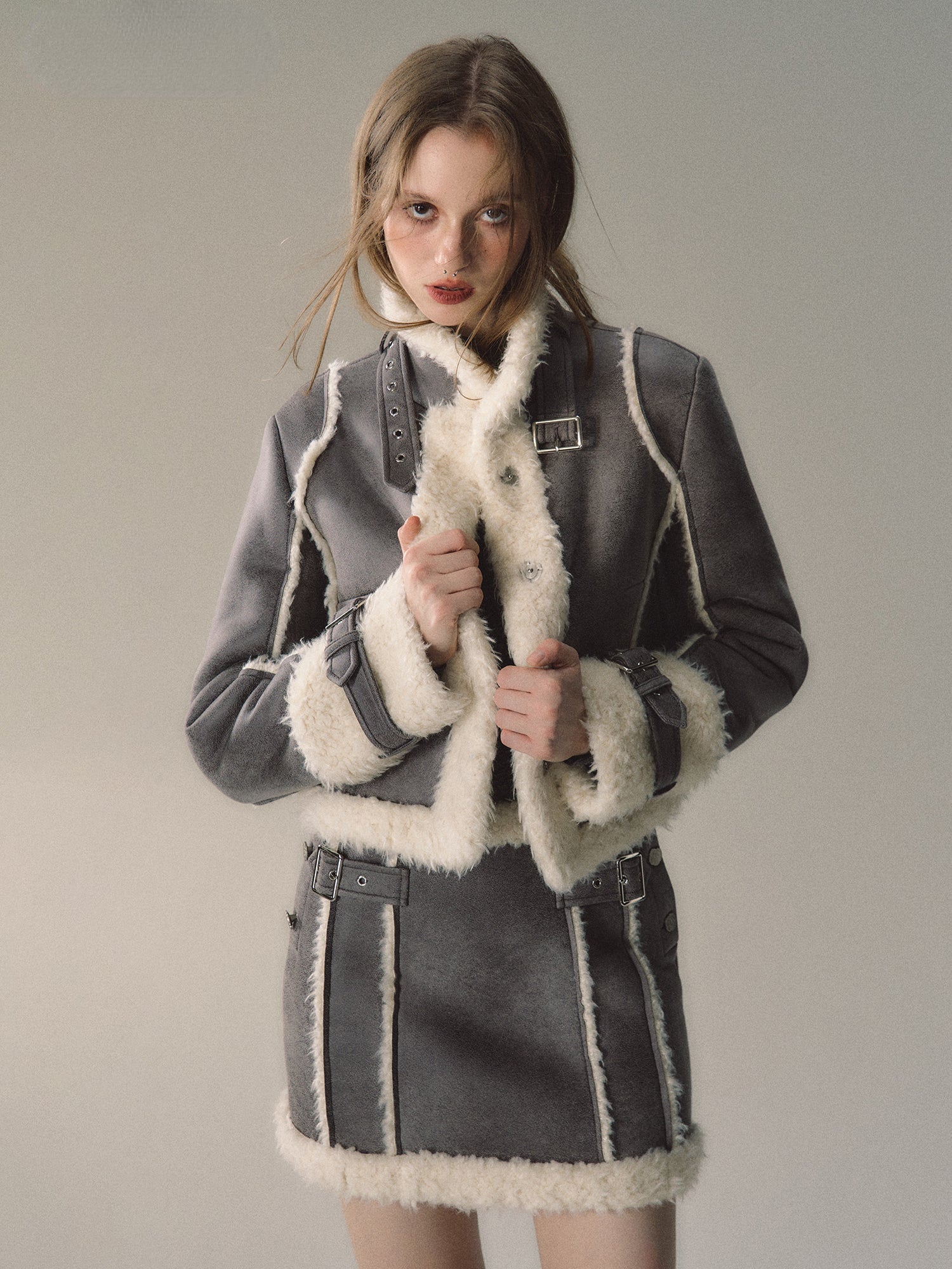 Grey Short Plush Shearling Jacket &amp; Skirt Set
