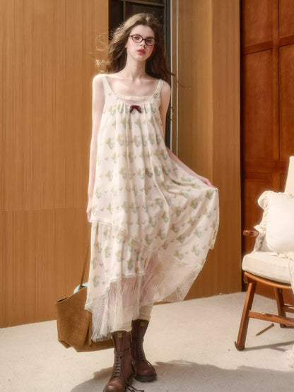 Faux-Layer Lace Trim Chiffon Slip Dress