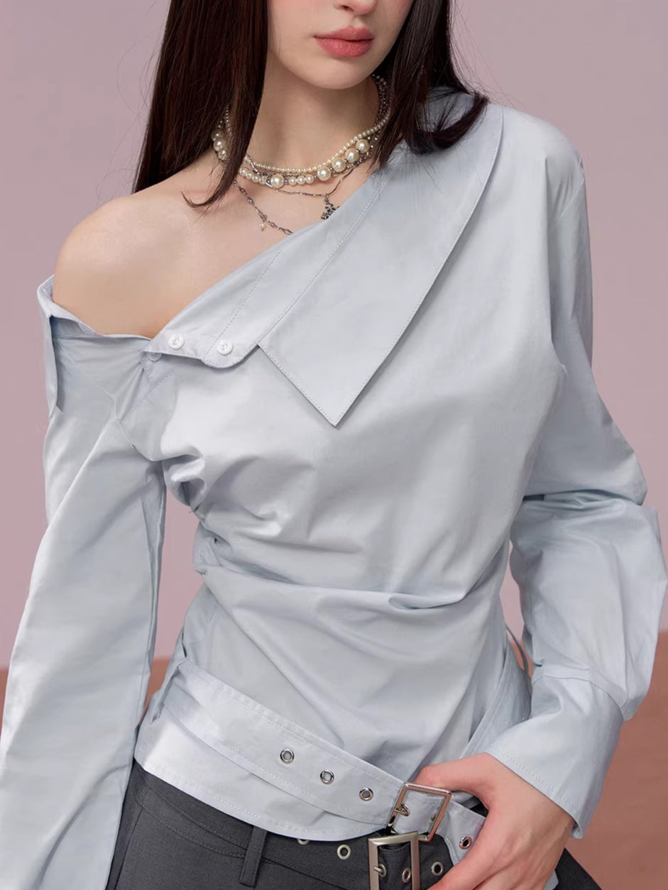 Asymmetrical Ruched Belt Shirt