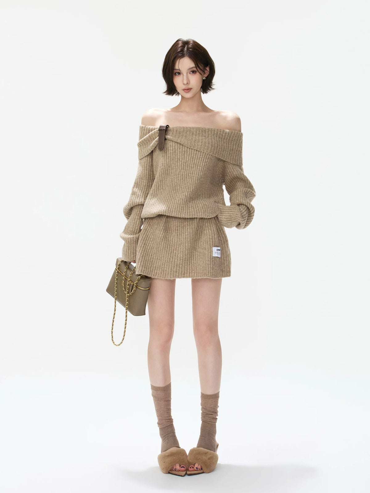Off-Shoulder Ribbed Wool Blend Mini Dress