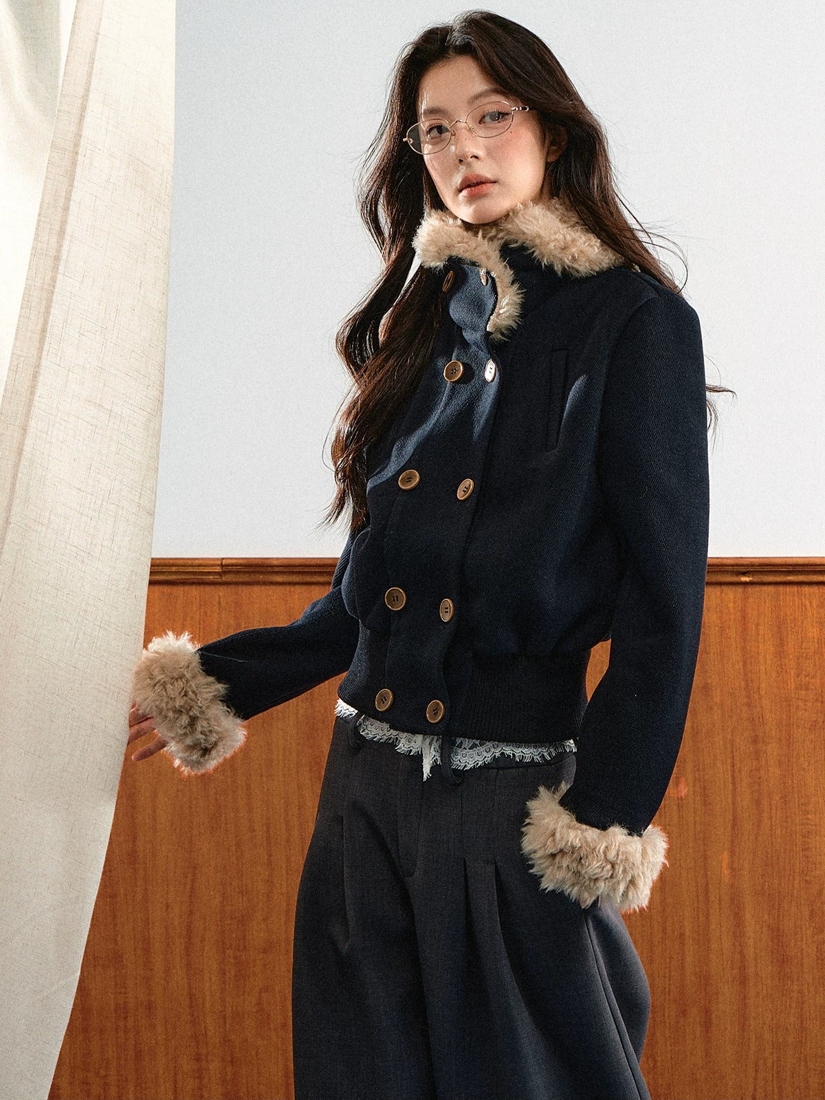 Navy Blue Vintage Faux Fur Collar Jacket