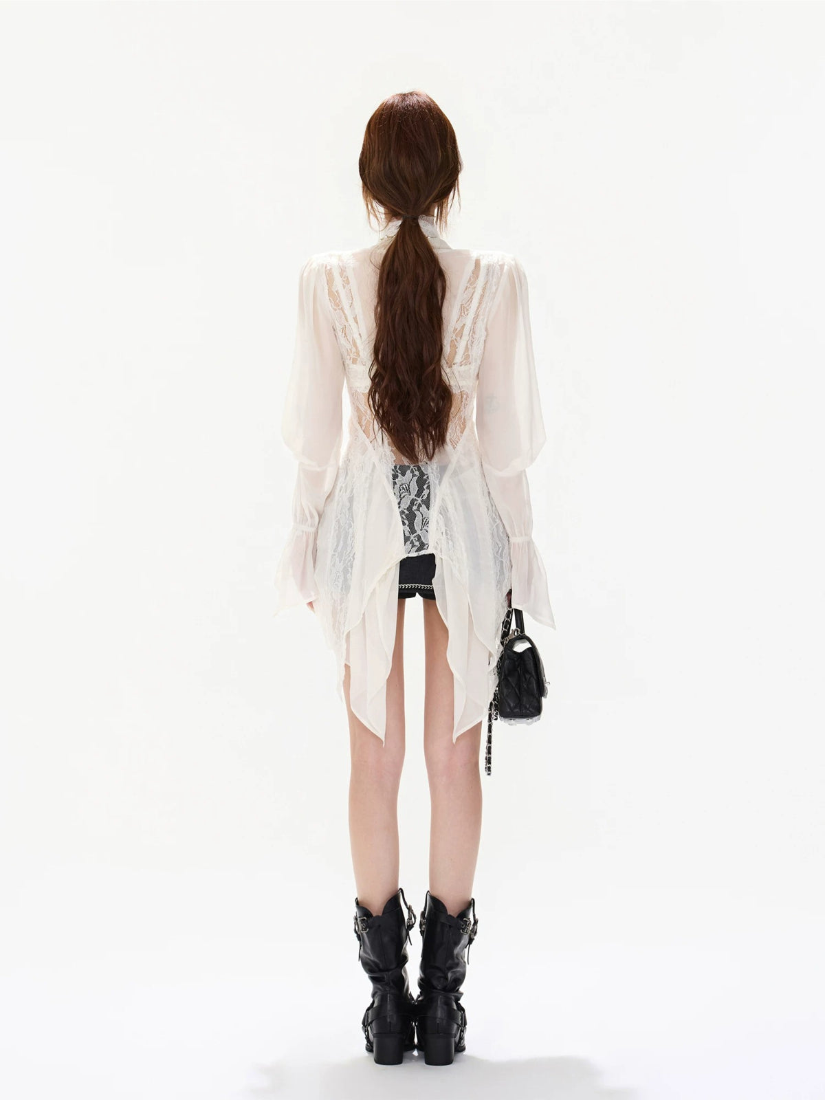 French Lace Chiffon Tie Waist Blouse