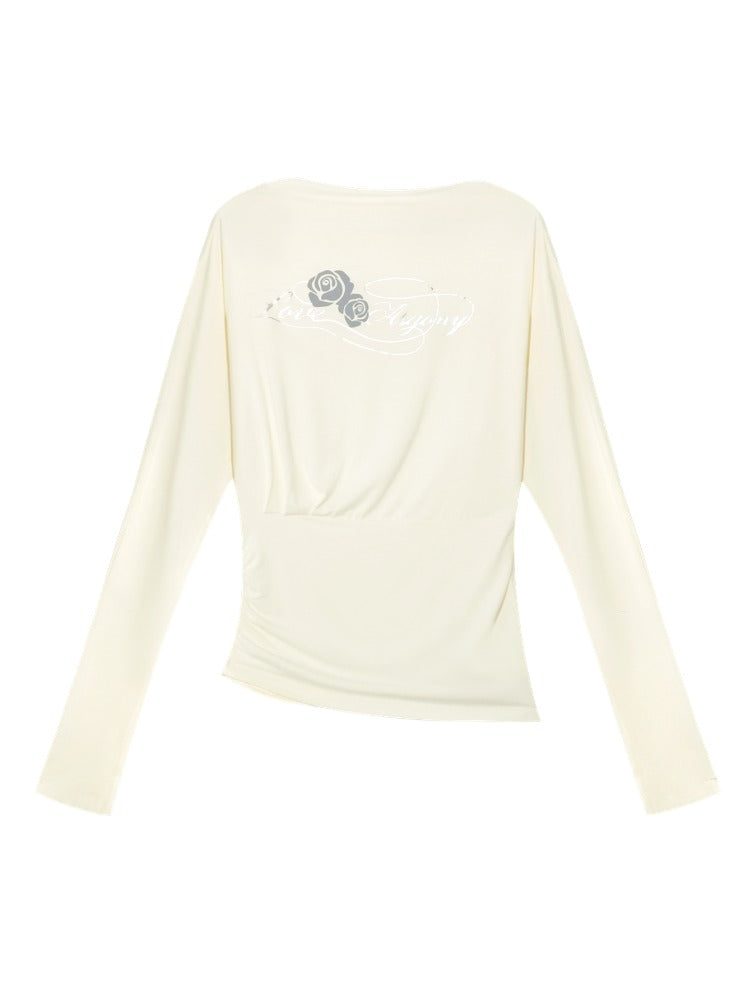 Floral Print Pleated Long-Sleeve T-shirt