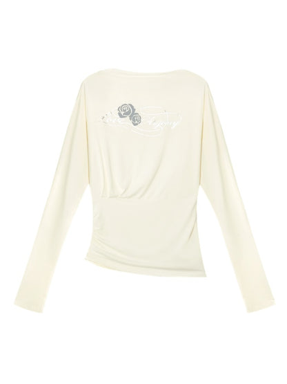 Floral Print Pleated Long-Sleeve T-shirt