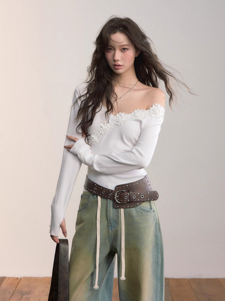 3D Floral Ribbed Waist-Fit T-shirt