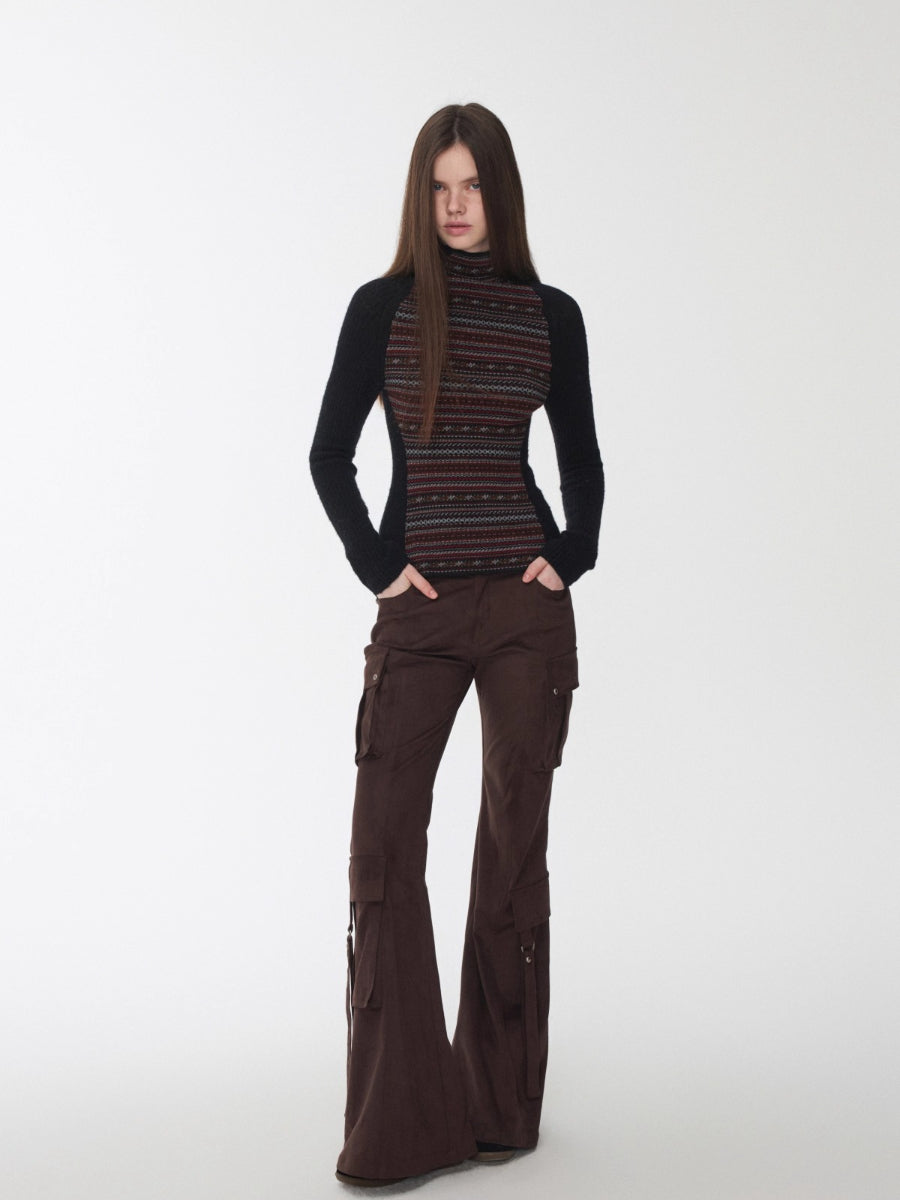 Fair Isle Turtleneck Raglan Sleeve Colorblock Knit Base Layer