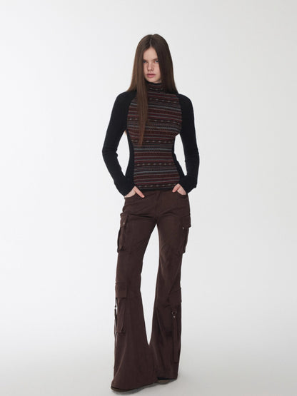 Fair Isle Turtleneck Raglan Sleeve Colorblock Knit Base Layer