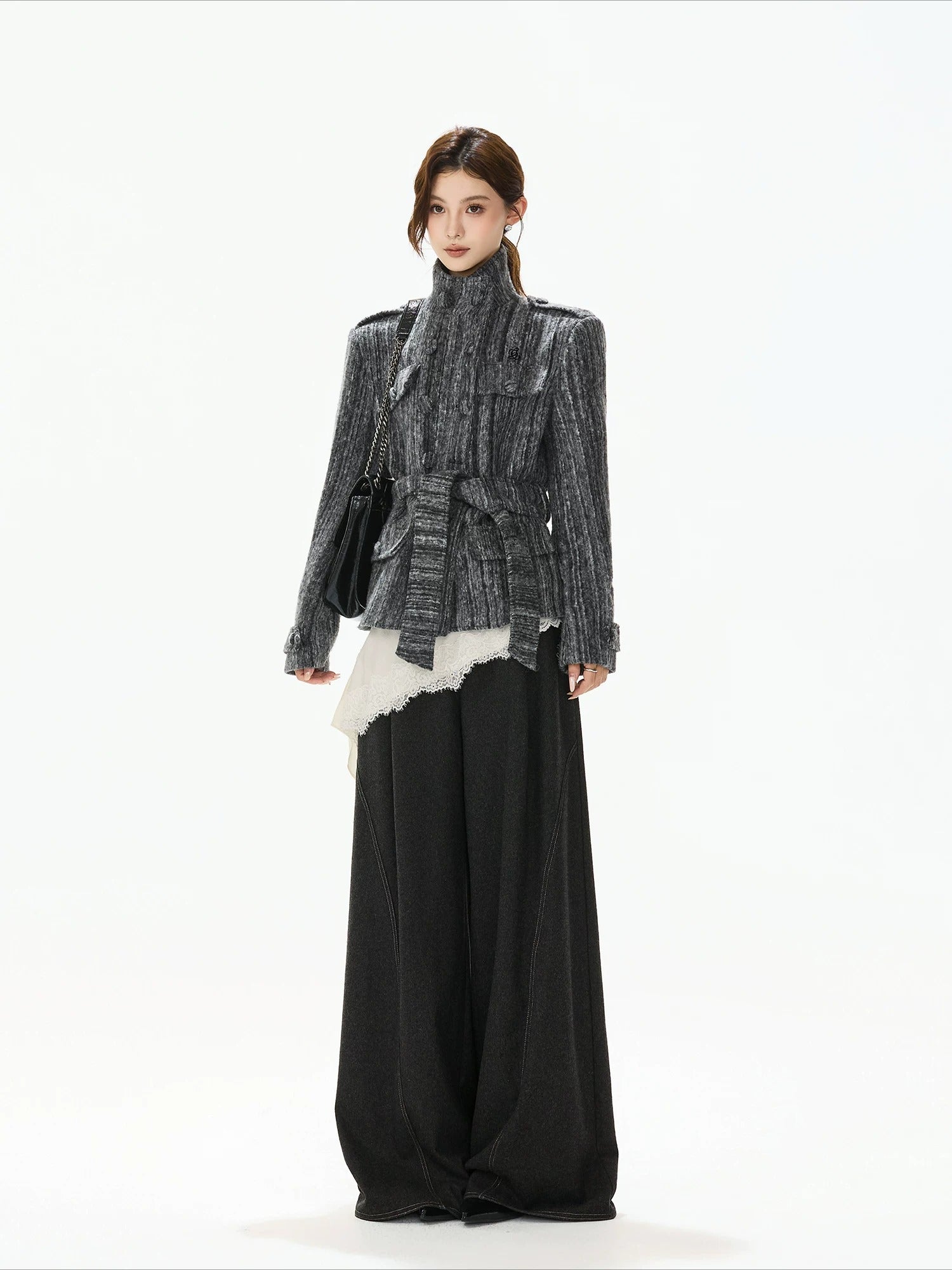 Gray Belted Tweed Coat
