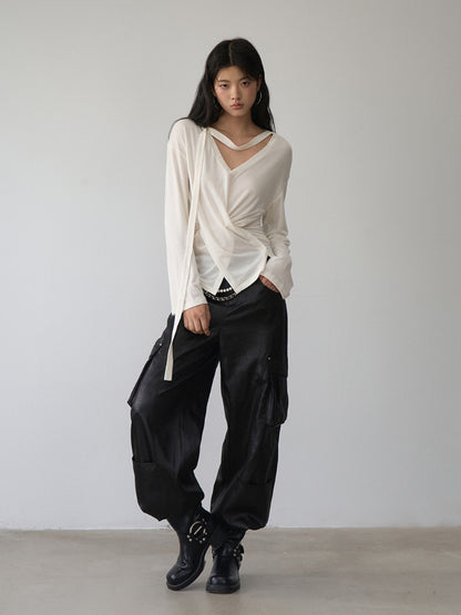 V-Neck Drawstring Waist Buttoned Blouse