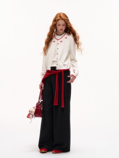 Lace-Trim Waist Tie Wide-Leg Pants