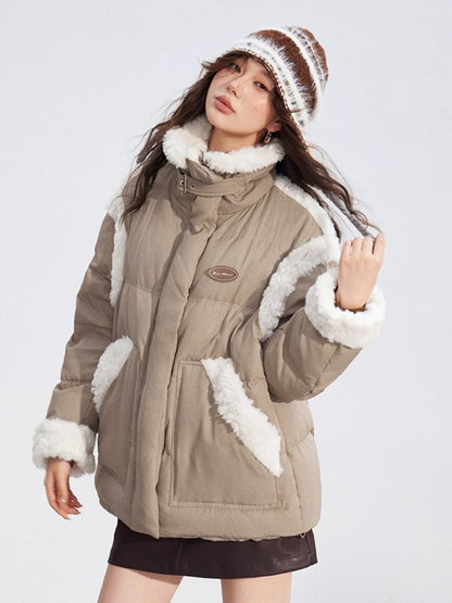 Shearling Patchwork White Down Puffer Jacket