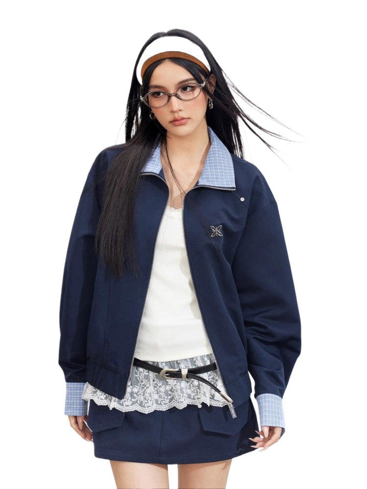 Navy Blue Plaid Patchwork Jacket