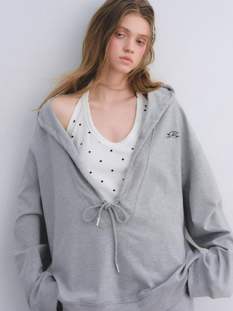 Polka Dot Vest Hooded Drawstring Sweatshirt Pants Set