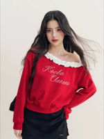 Red Pearl Ruffle Off-Shoulder Sweatshirt