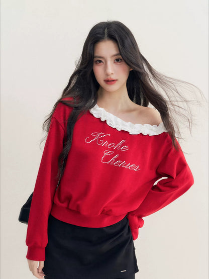 Red Pearl Ruffle Off-Shoulder Sweatshirt