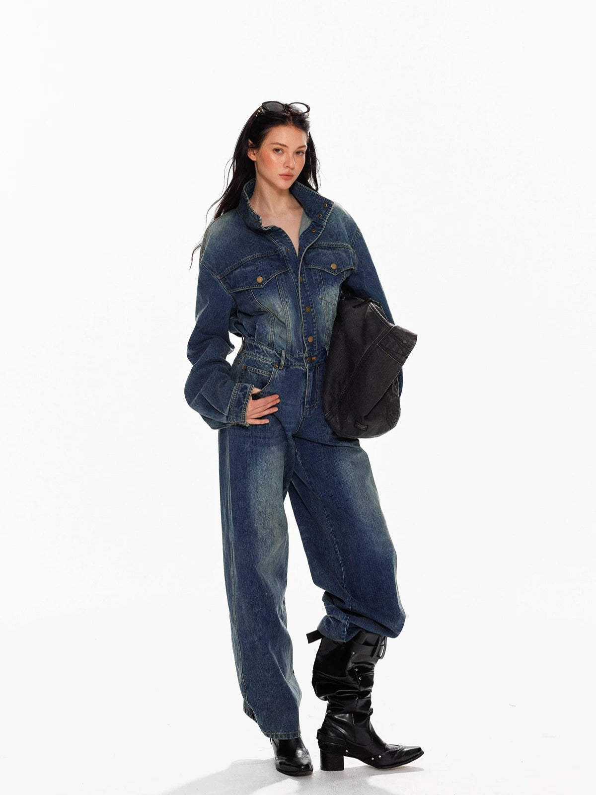 Vintage Washed Denim Wide Leg Jumpsuit