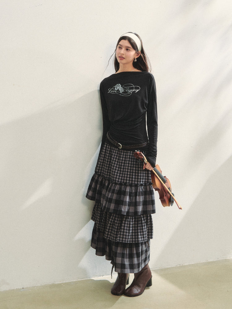 Plaid Patchwork Lace Waist Layered Cake Skirt
