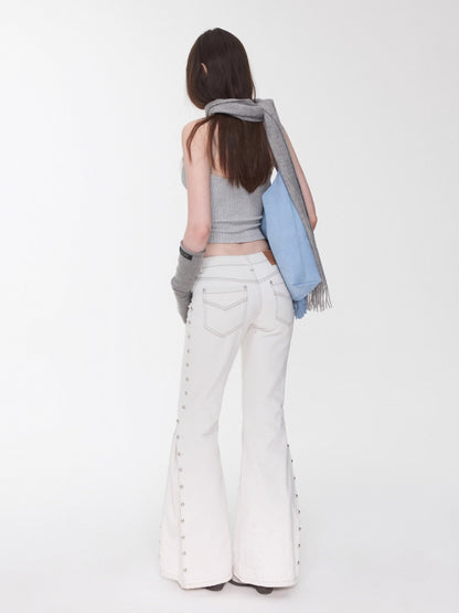 Studded Flared Denim Whisker Detailing Jeans