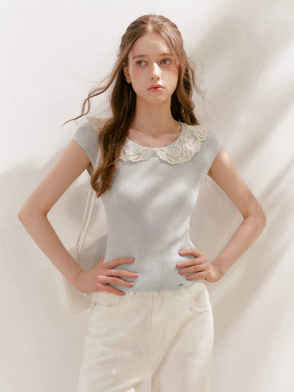 Lace-Collar Knit T-Shirt