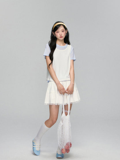 High-waisted Drawstring Lace-spliced Tiered Skirt