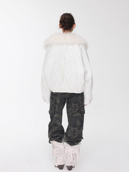 Embroidered Faux Fur Collar Leather Jacket