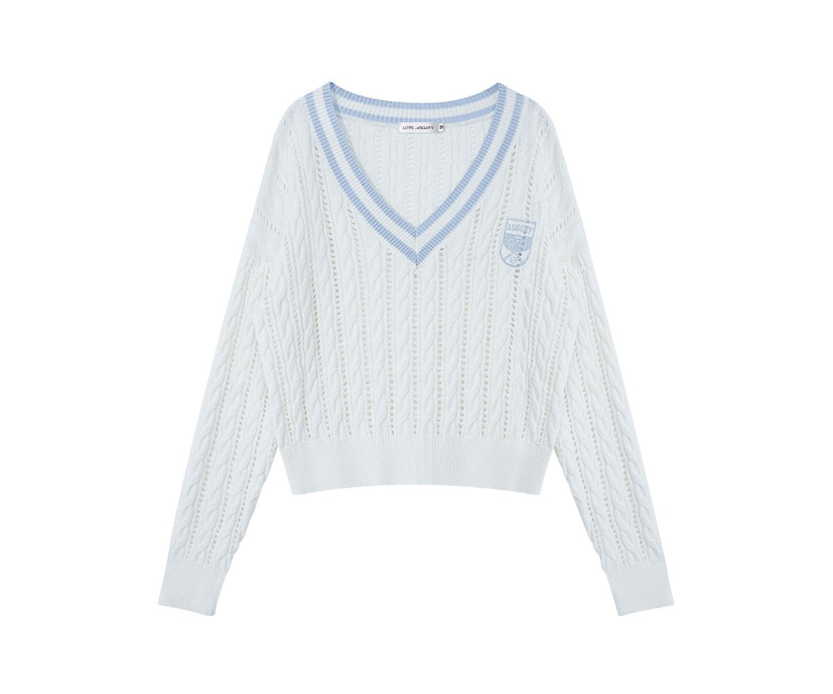 College Contrast V-Neck Knit Sweater